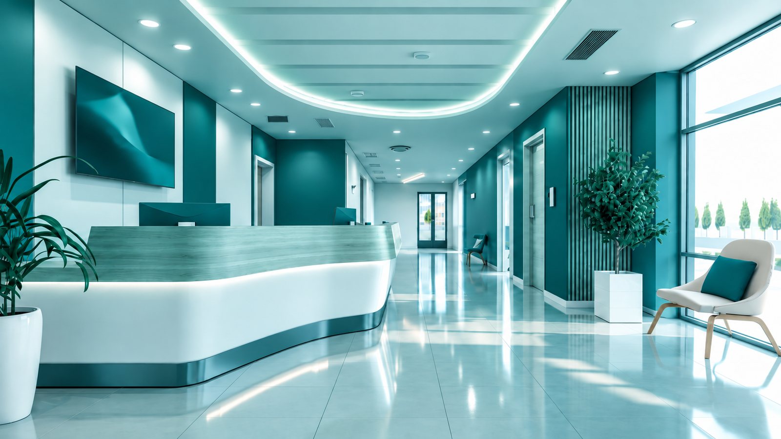 The Waiting Room: a bright, orderly clinic reception, empty