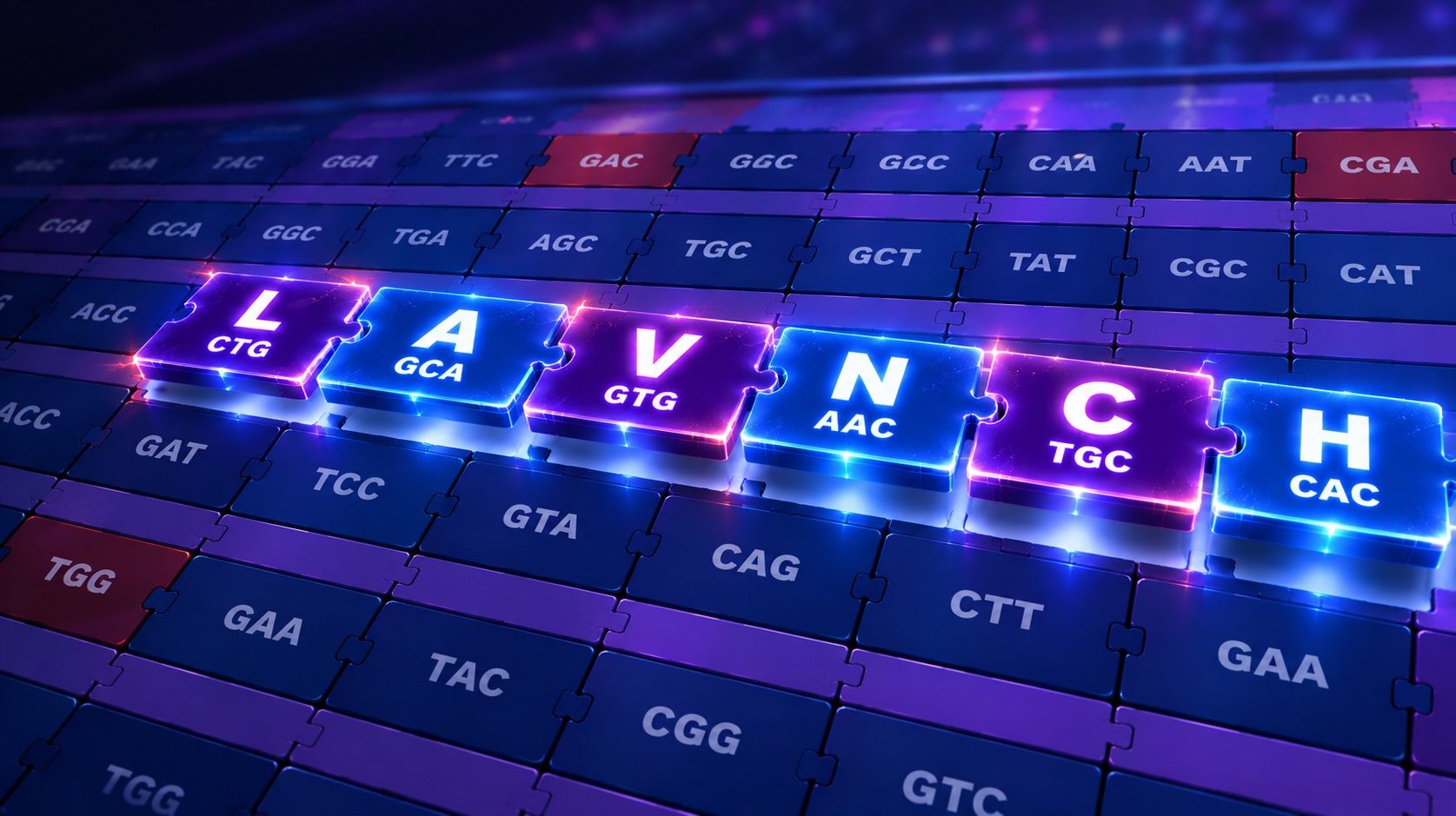 The THRIVE Launch Success Code: the word LAUNCH spelled in glowing puzzle pieces on a grid of DNA codons